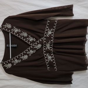 Embroidered Brown Mesh Top Folk Style Stitching 3/4 Length Sleeves Stretch | XL